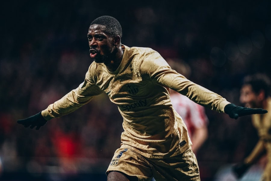 Dembele celebrates after scoring against Atletico Madrid for Barcelona