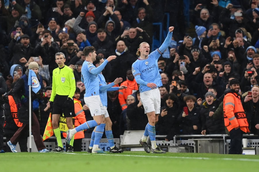 Haaland and Man City celebrate a goal against RB Leipzig
