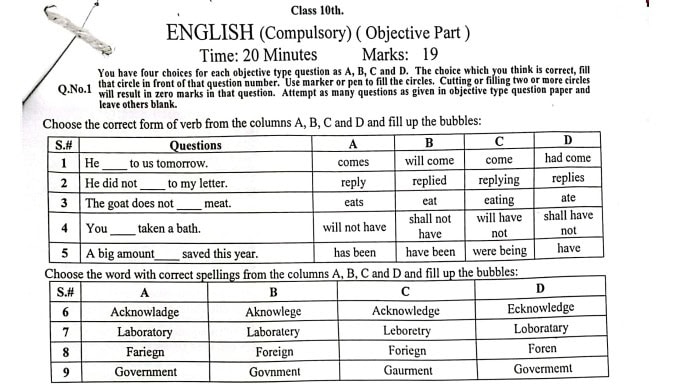 Bise Lahore English Compulsory Model Paper For Matric Exams 2025