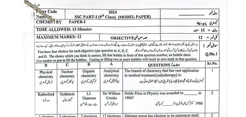 Class 9th Latest Model Paper For Chemistry For Exams 2025